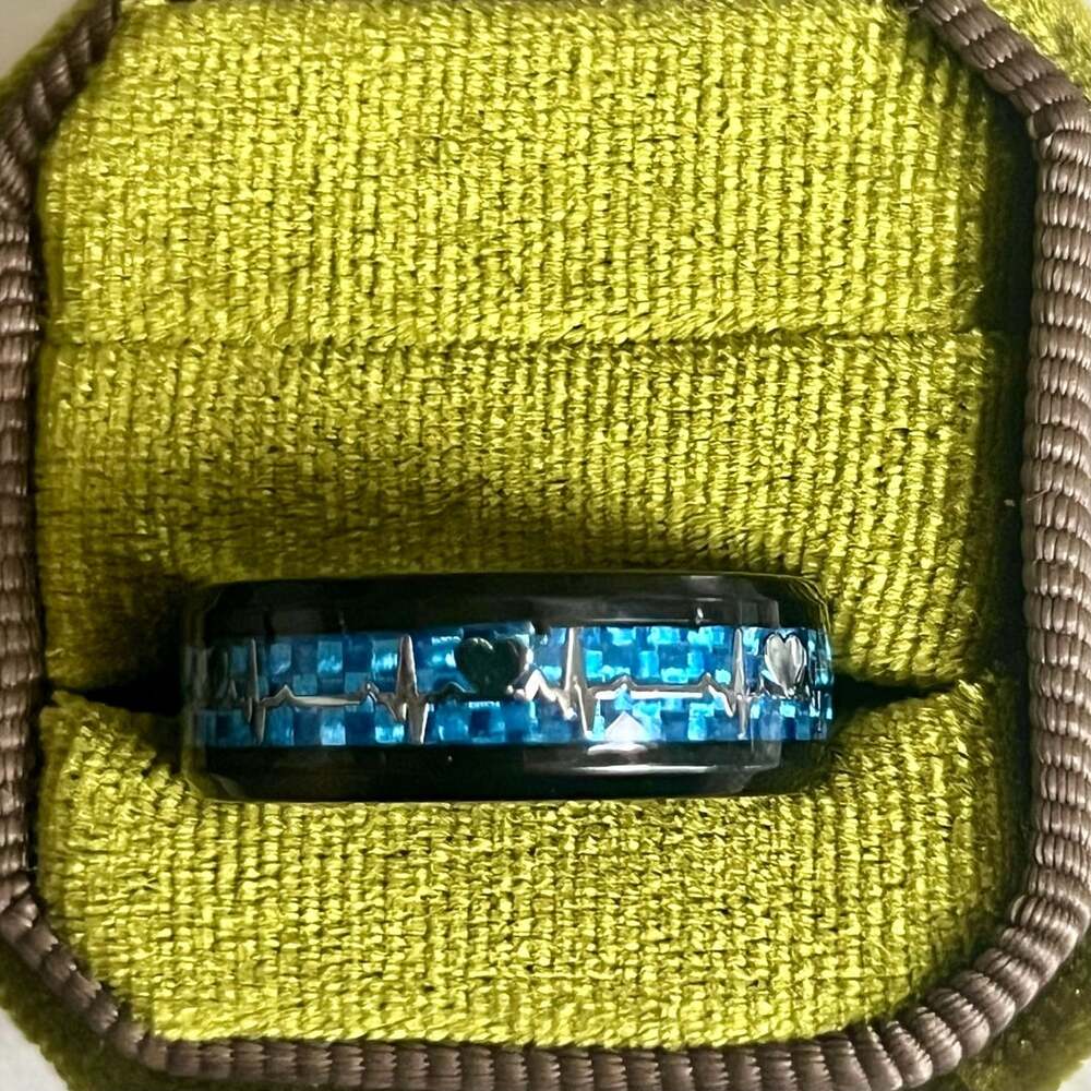 Tungsten Black & Blue Carbon Fiber Heartbeat EKG 6mm Band Size 11
